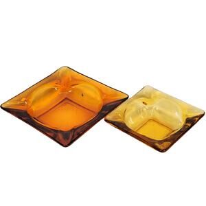 Vtg Lot of 2 Amber Glass MCM Slotted Square 3" & 4.5" Ashtray Bundle Collectible